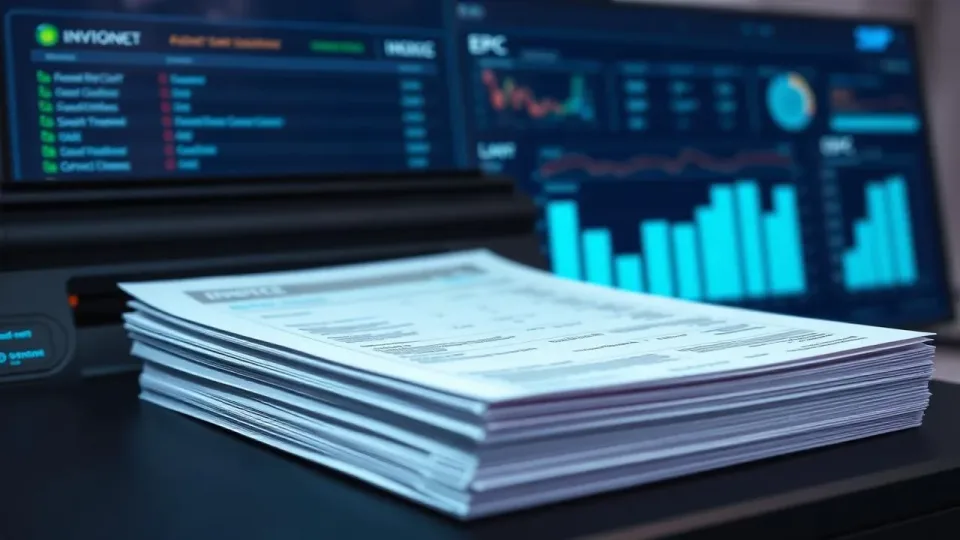 Stack of invoices being scanned with SAP dashboard in background