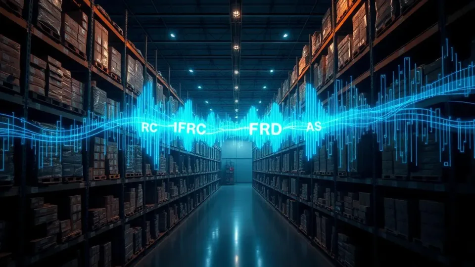 RFID-tagged inventory in a warehouse with live data overlay