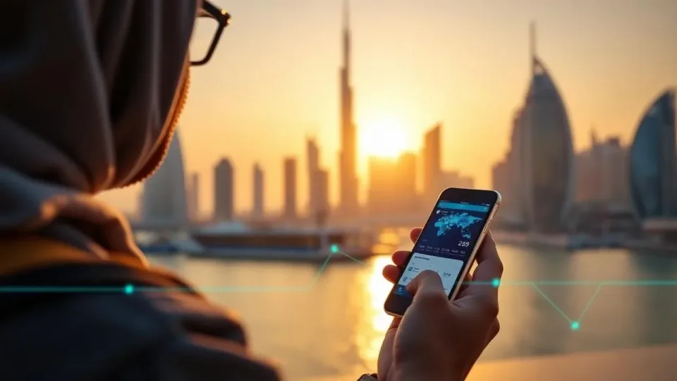Traveler using a digital travel card app with Dubai skyline behind